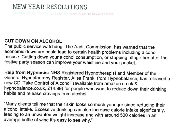 Home etc article about Ailsa Frank Hypnotherapy CD take control of alcohol